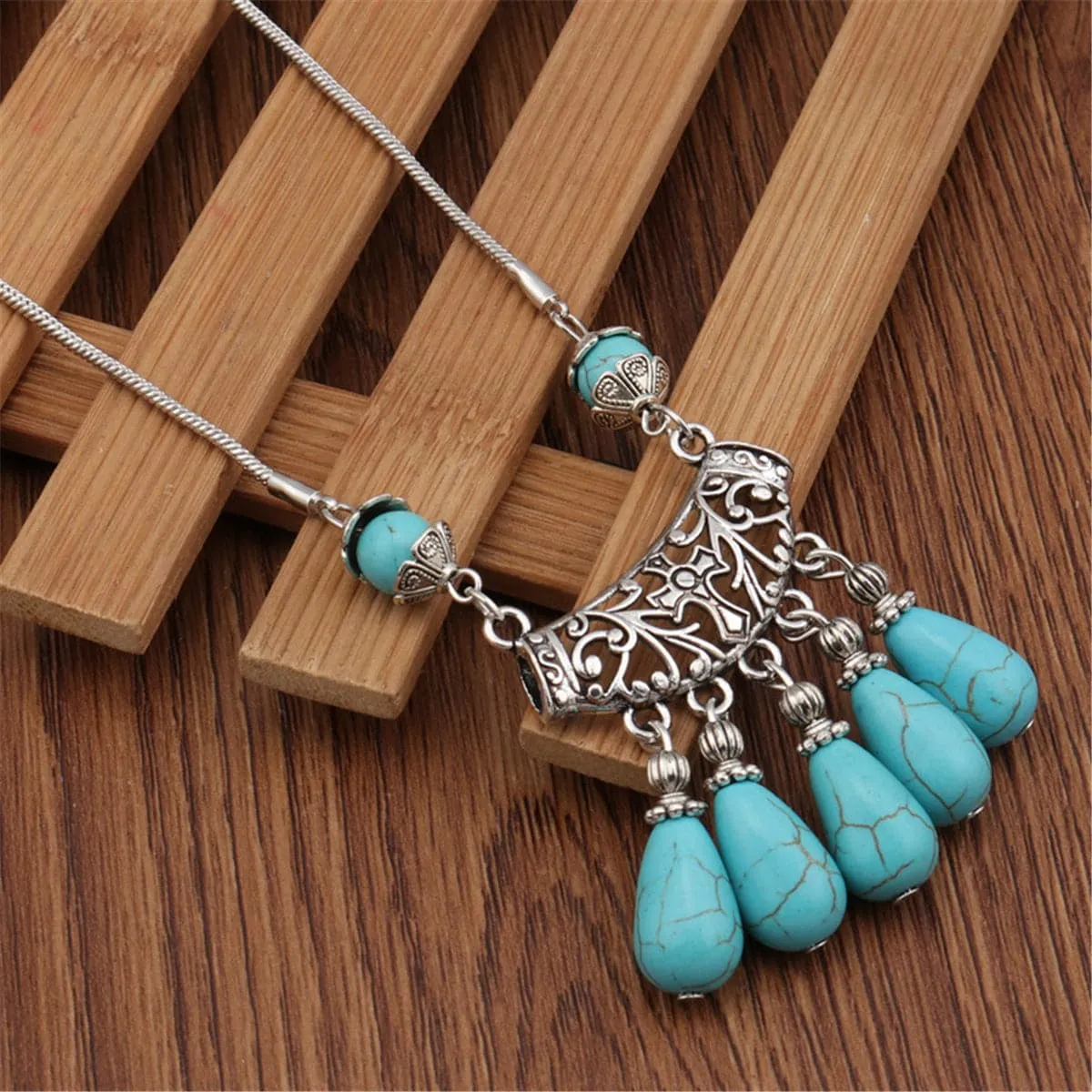 Turquoise & Silver-Plated Filigree Tassel Necklace