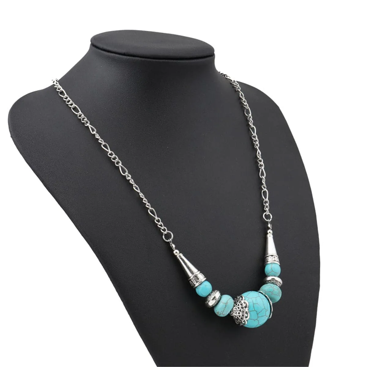 Turquoise & Silver-Plated Gradated Beaded Necklace
