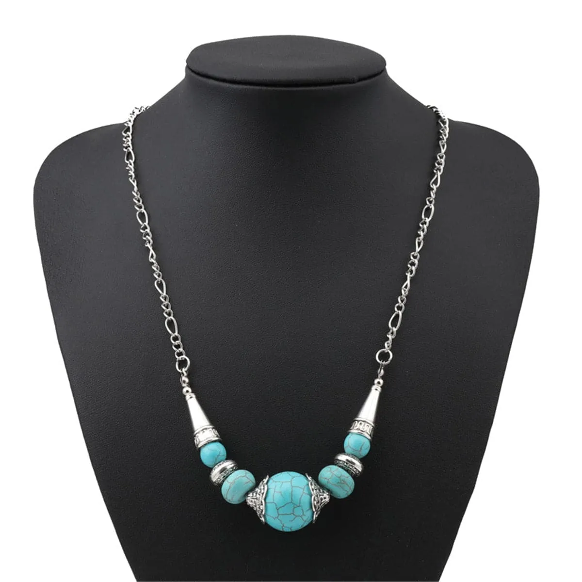 Turquoise & Silver-Plated Gradated Beaded Necklace