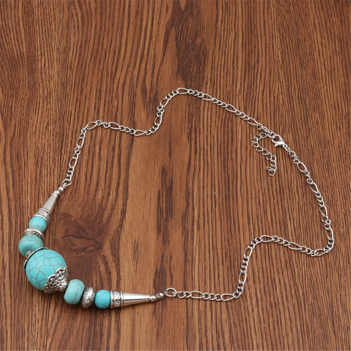 Turquoise & Silver-Plated Gradated Beaded Necklace