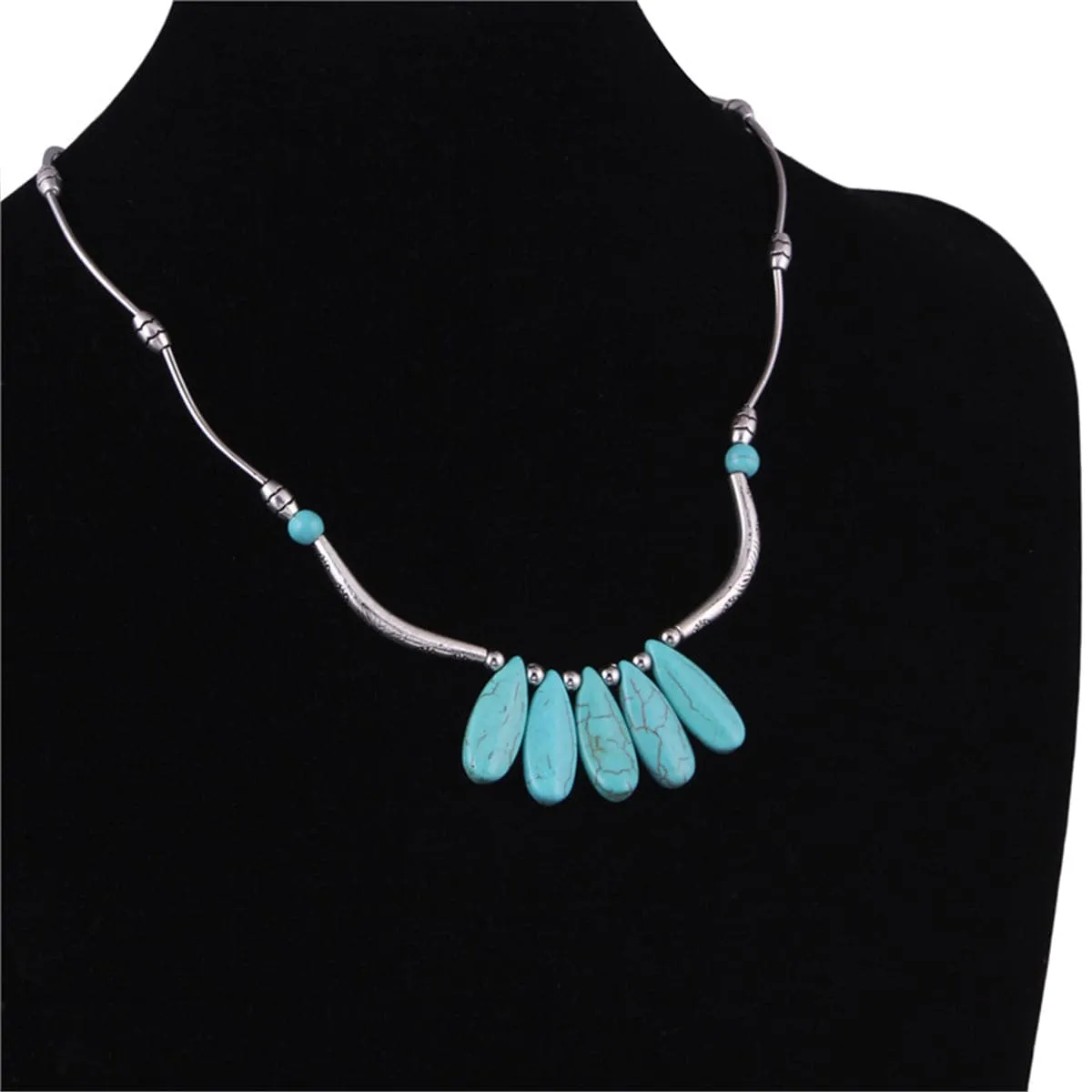Turquoise & Silver-Plated Oval Pendant Necklace