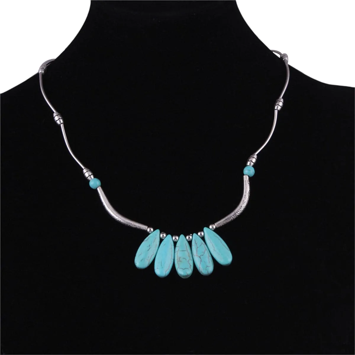 Turquoise & Silver-Plated Oval Pendant Necklace