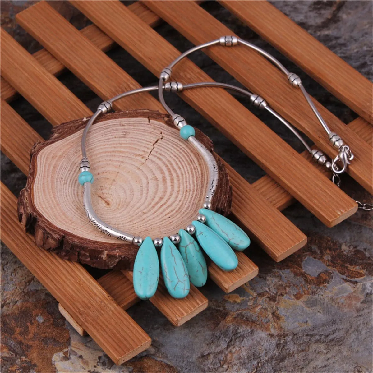 Turquoise & Silver-Plated Oval Pendant Necklace