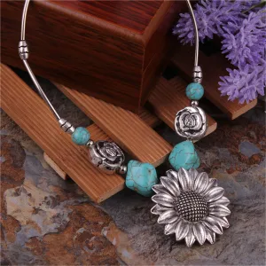 Turquoise & Silver-Plated Sunflower Pendant Necklace