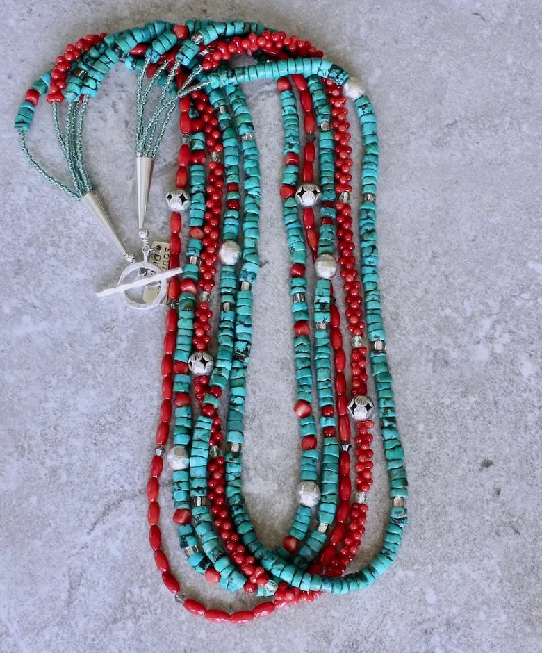 Turquoise Heishi and Bamboo Coral 5-Strand Necklace with Czech Glass and Sterling Silver