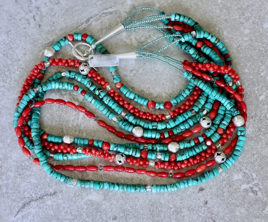 Turquoise Heishi and Bamboo Coral 5-Strand Necklace with Czech Glass and Sterling Silver
