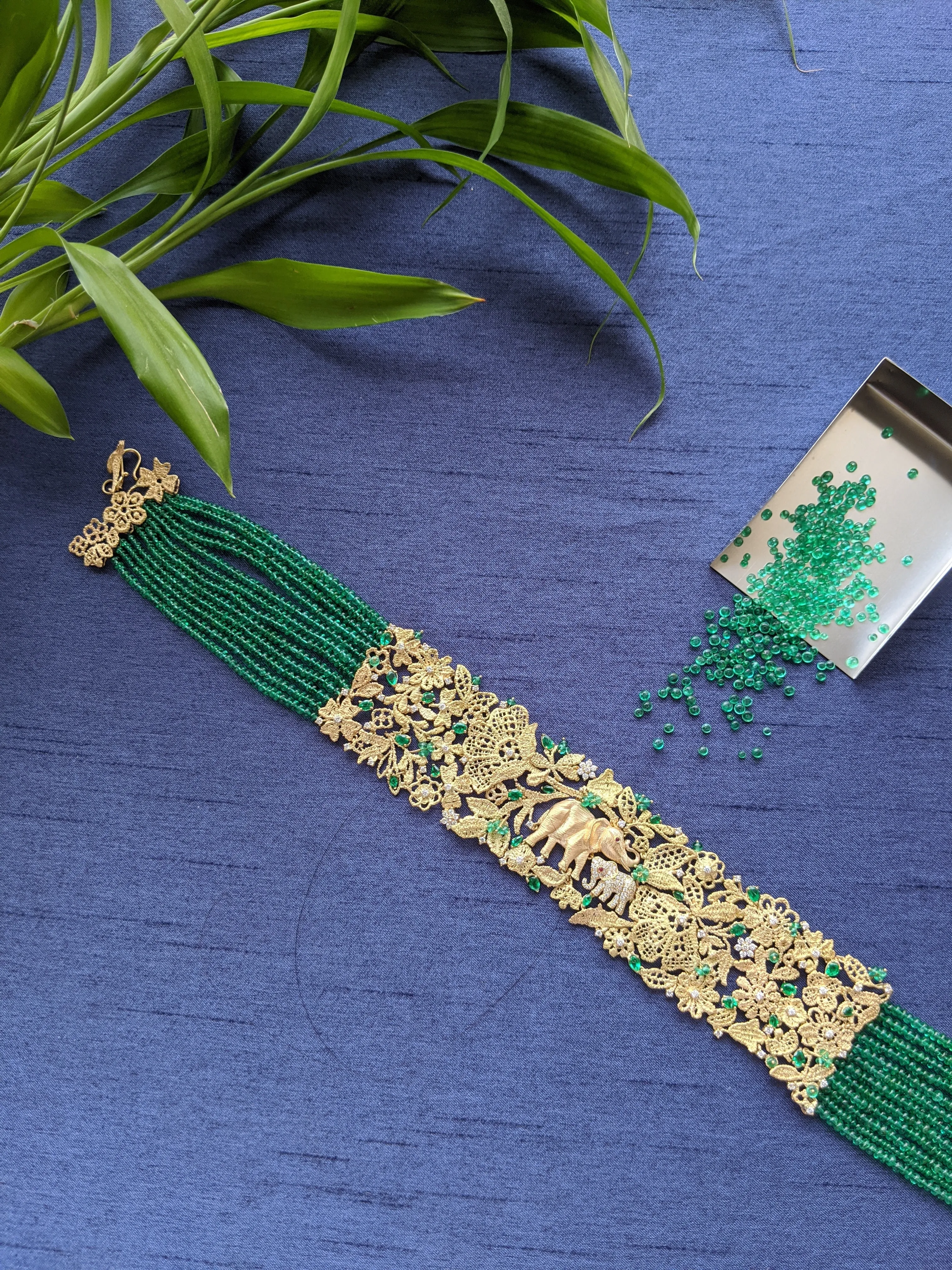 Unique Gold Lace Choker with Emerald Beads and Diamonds