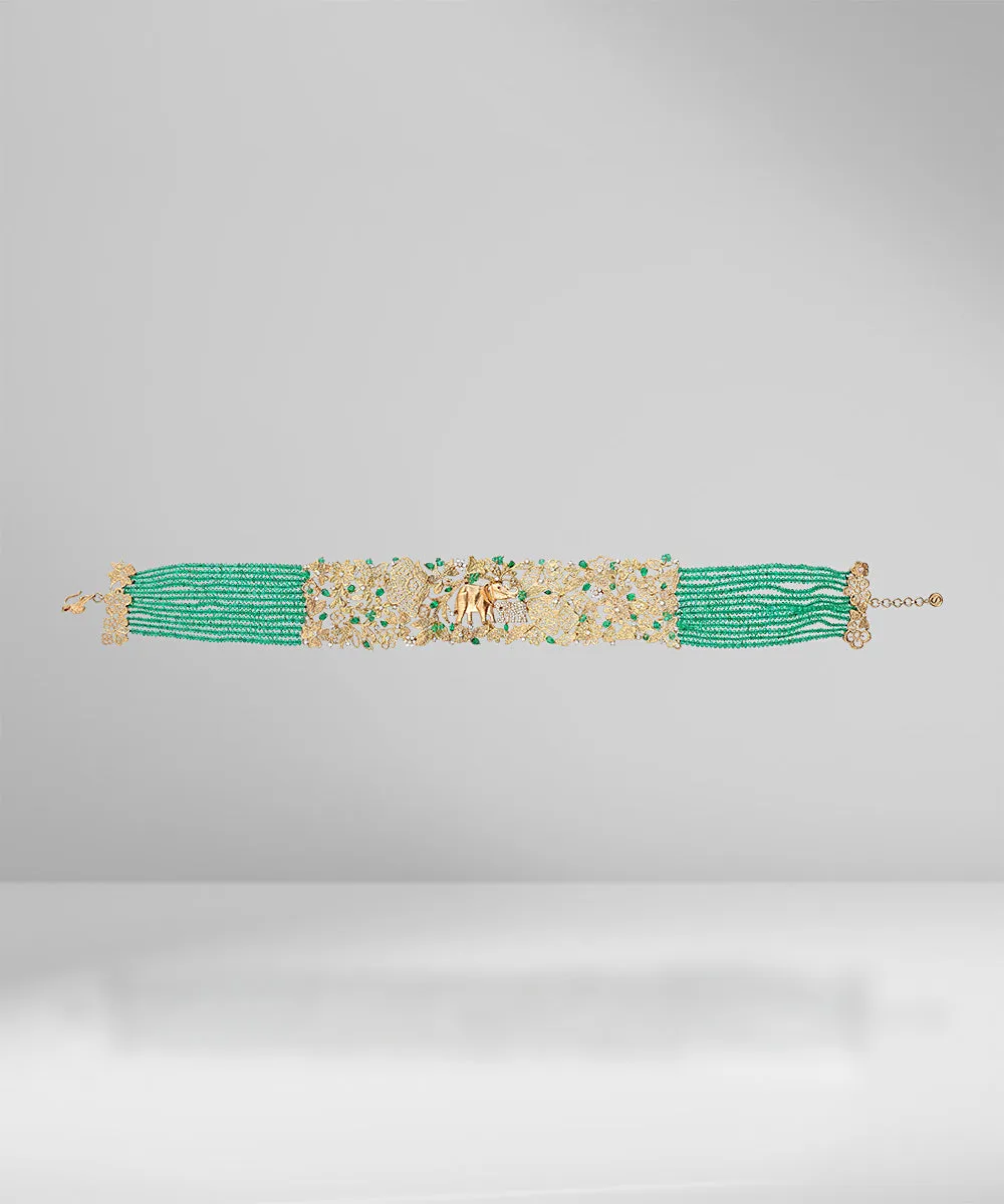 Unique Gold Lace Choker with Emerald Beads and Diamonds