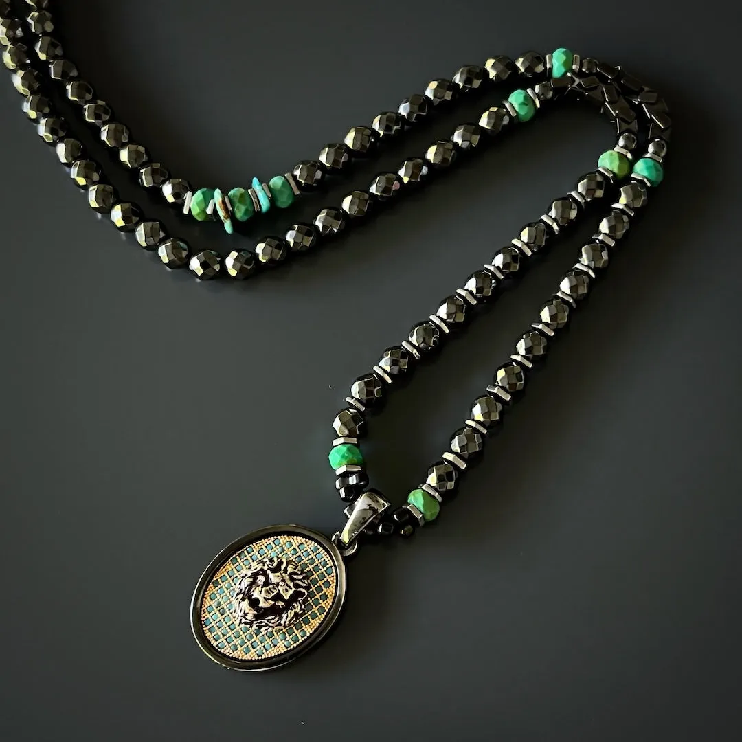 Unique Silver Lion Hematite Beaded Necklace
