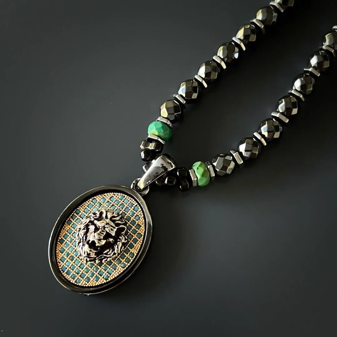 Unique Silver Lion Hematite Beaded Necklace