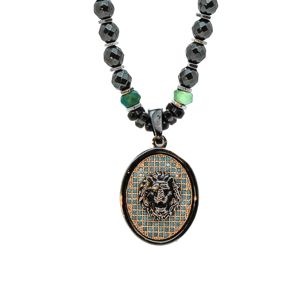 Unique Silver Lion Hematite Beaded Necklace