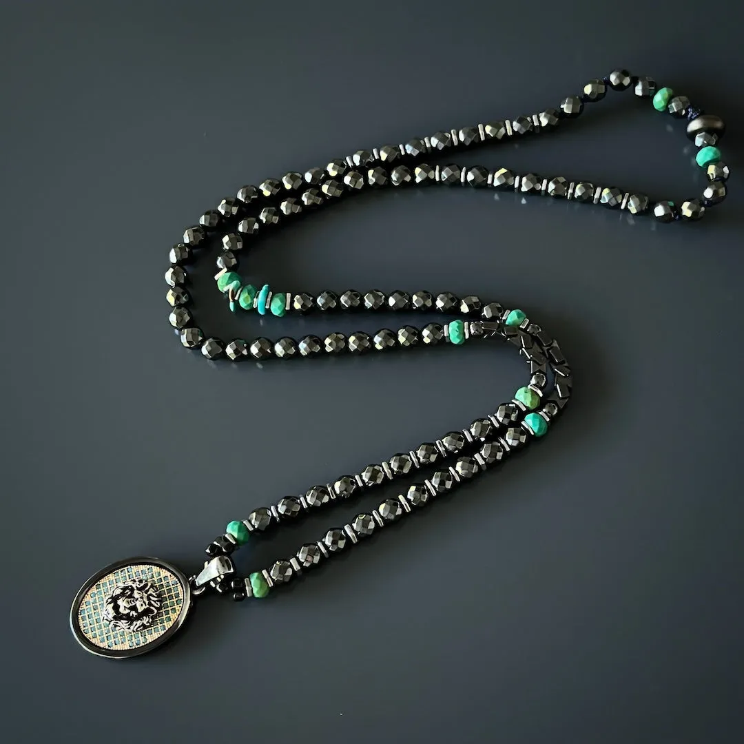 Unique Silver Lion Hematite Beaded Necklace