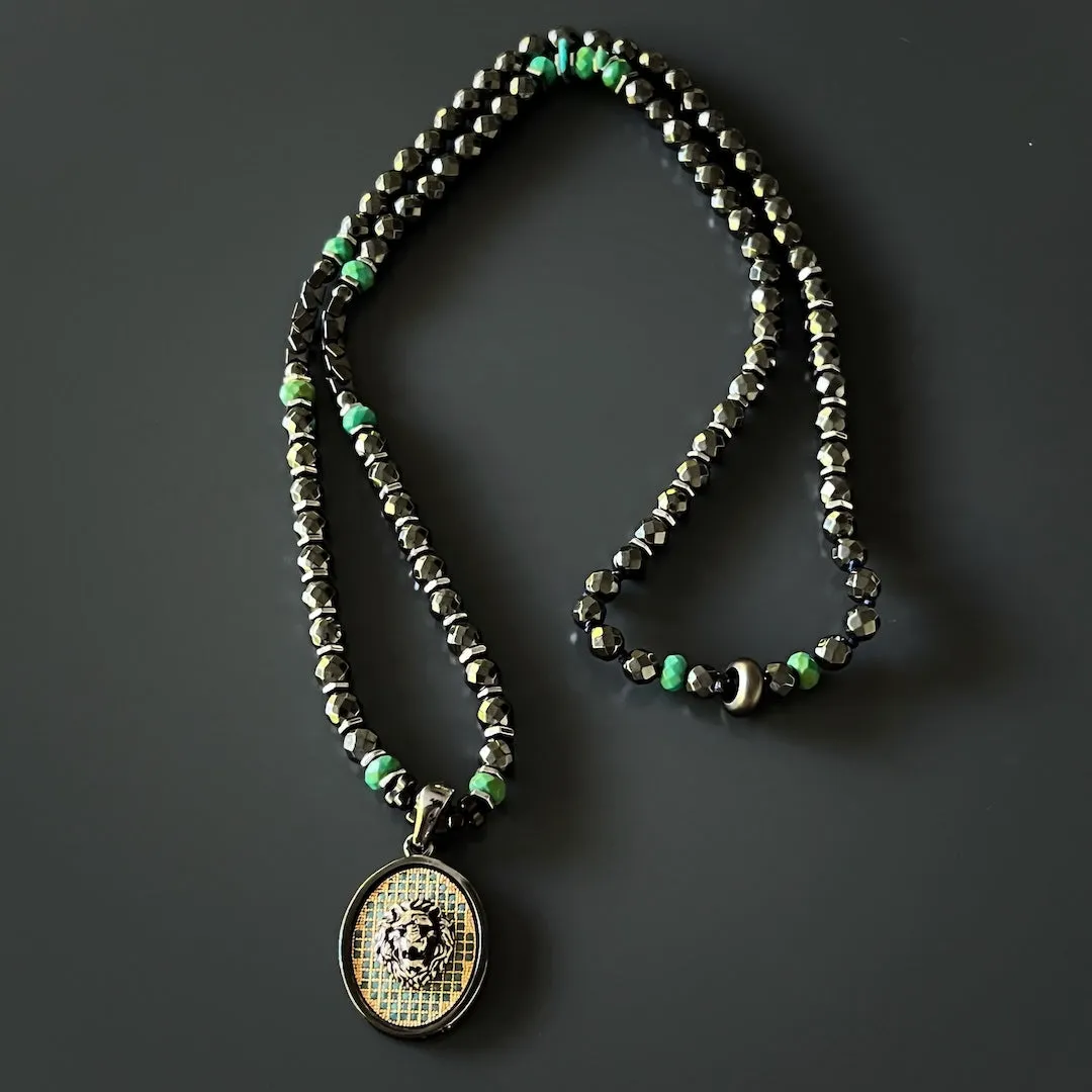 Unique Silver Lion Hematite Beaded Necklace