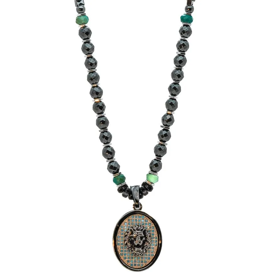 Unique Silver Lion Hematite Beaded Necklace