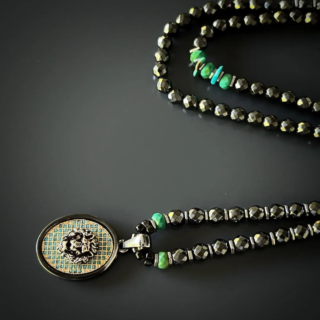 Unique Silver Lion Hematite Beaded Necklace