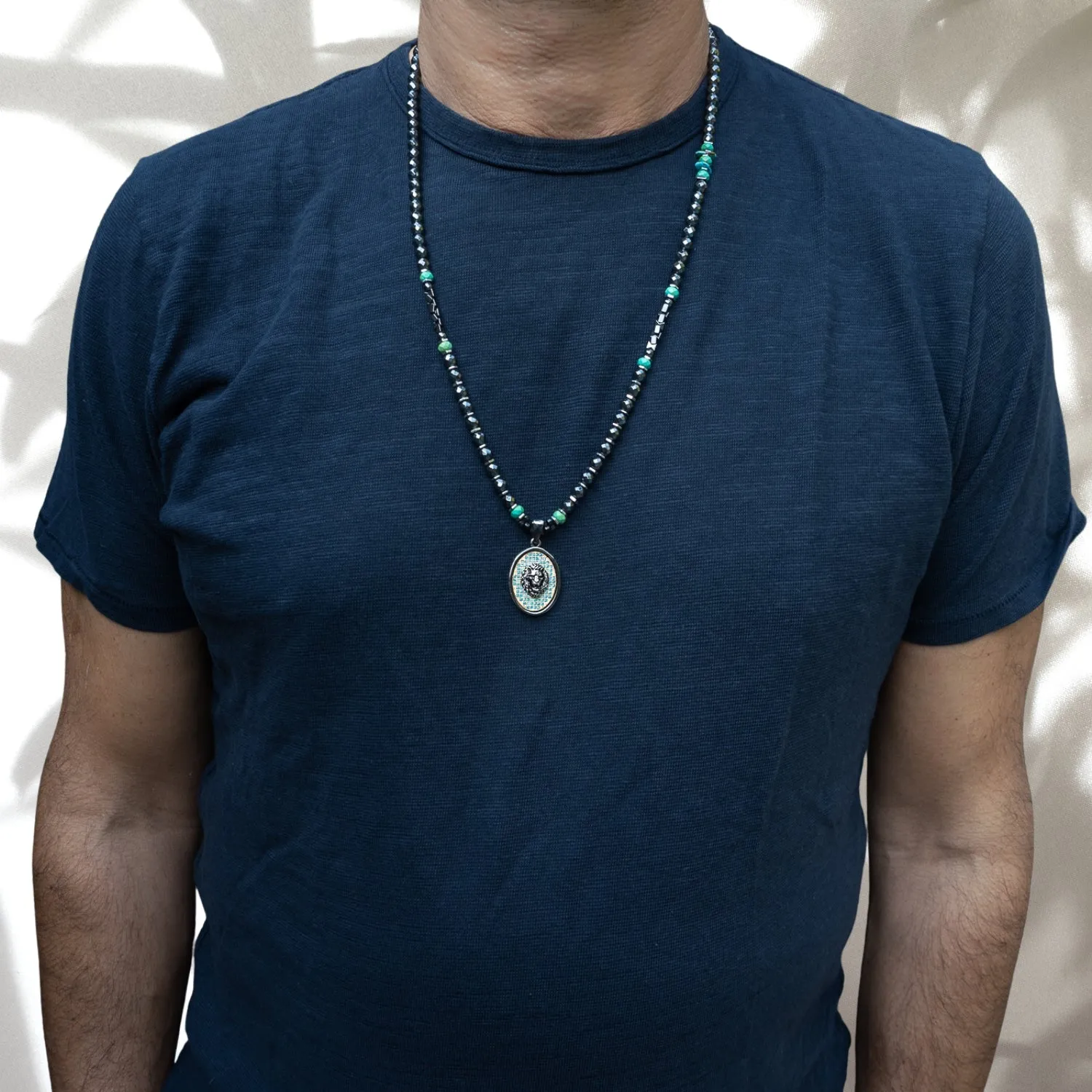 Unique Silver Lion Hematite Beaded Necklace
