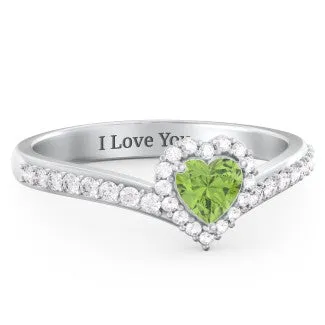 V-Shaped Halo Heart Ring with Accented Band