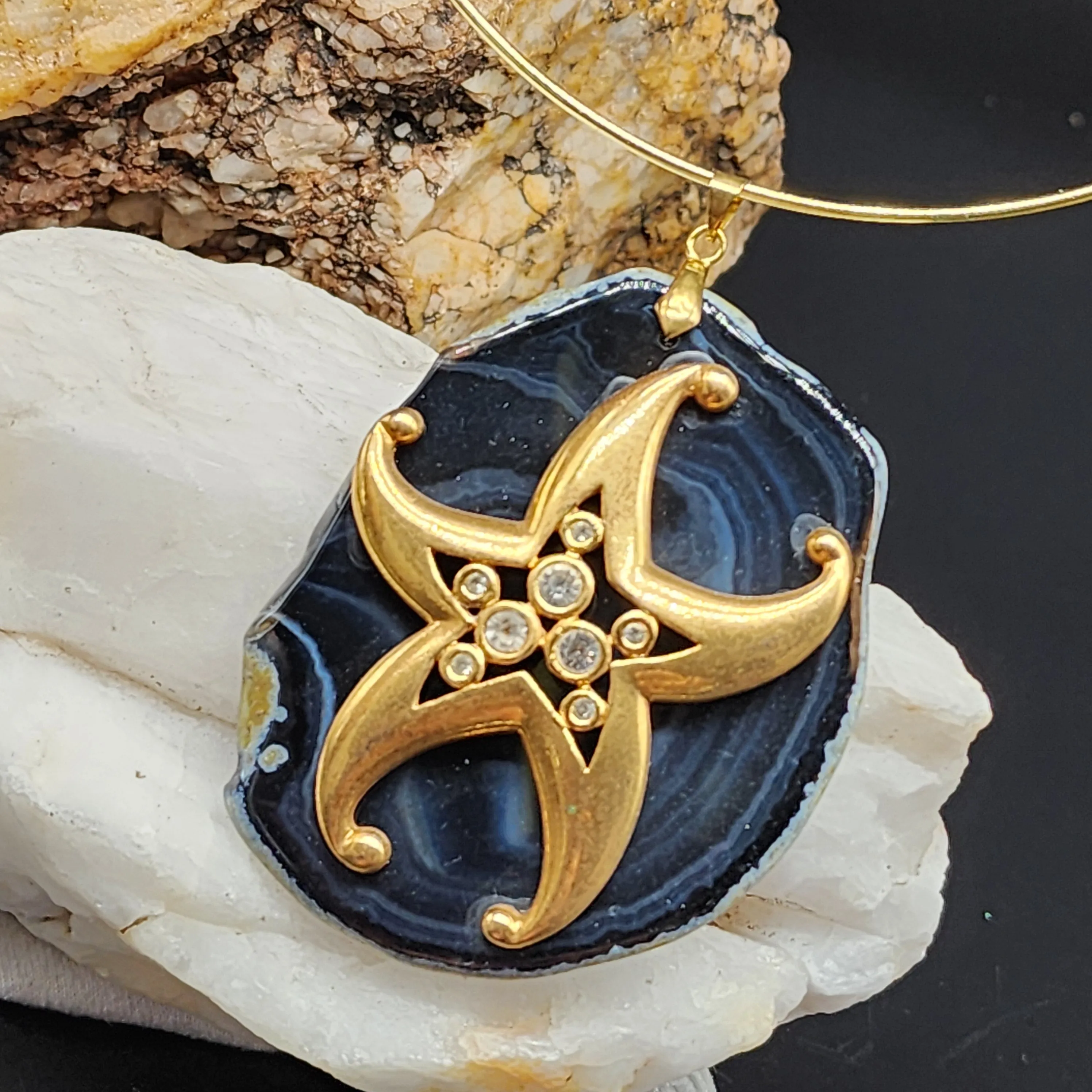Vacation Now / Artisan Boho Necklace Designer Jewelry Gold Sea Star Pendant Natural Blue Agate Stone Unique Necklace Gift For Lady
