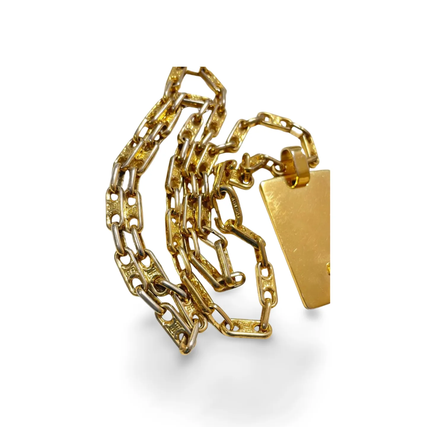 Vintage Celine golden necklace with triomphe chains and a carriage and logo featured rectangular plate top. 070218ys2