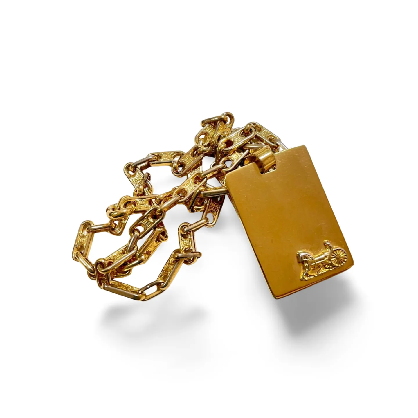 Vintage Celine golden necklace with triomphe chains and a carriage and logo featured rectangular plate top. 070218ys2
