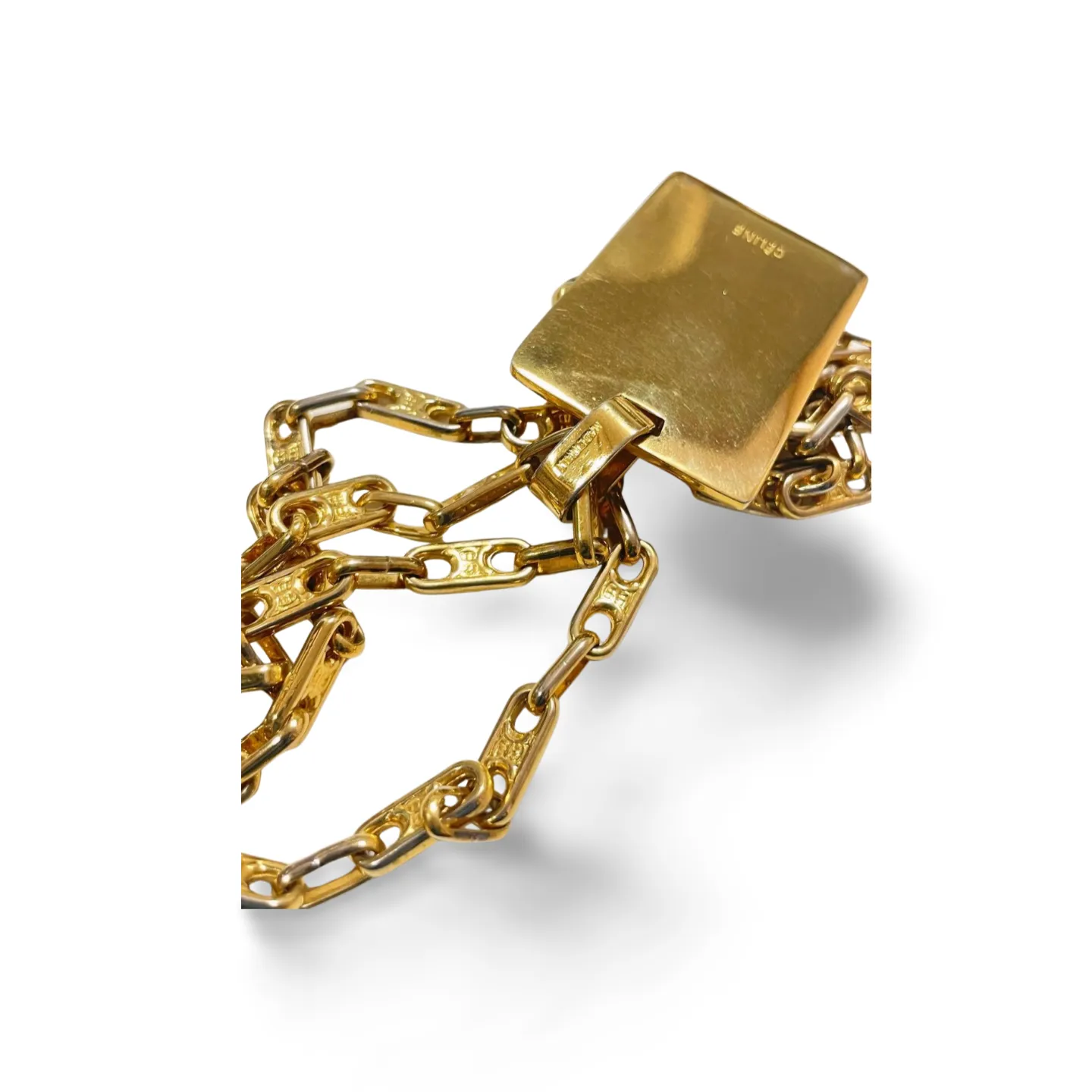 Vintage Celine golden necklace with triomphe chains and a carriage and logo featured rectangular plate top. 070218ys2
