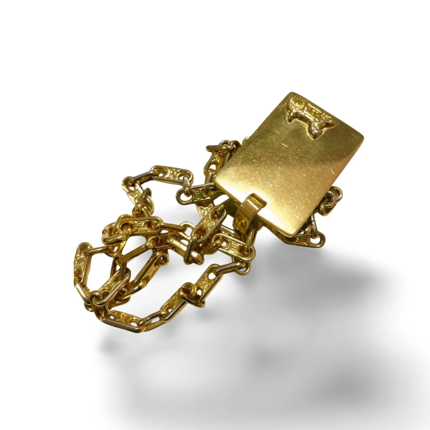 Vintage Celine golden necklace with triomphe chains and a carriage and logo featured rectangular plate top. 070218ys2