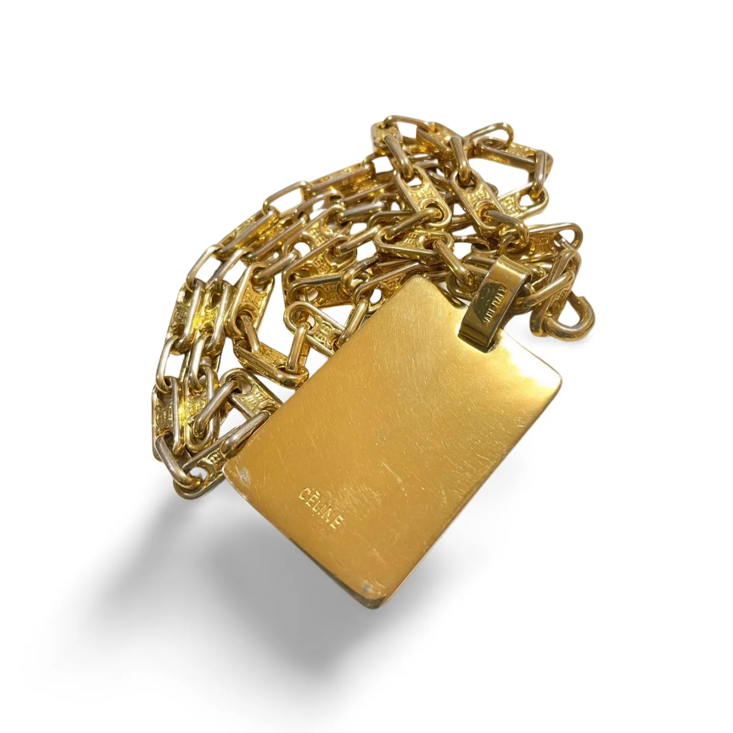 Vintage Celine golden necklace with triomphe chains and a carriage and logo featured rectangular plate top. 070218ys2