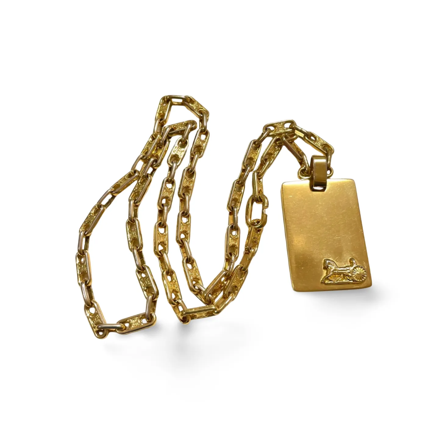 Vintage Celine golden necklace with triomphe chains and a carriage and logo featured rectangular plate top. 070218ys2