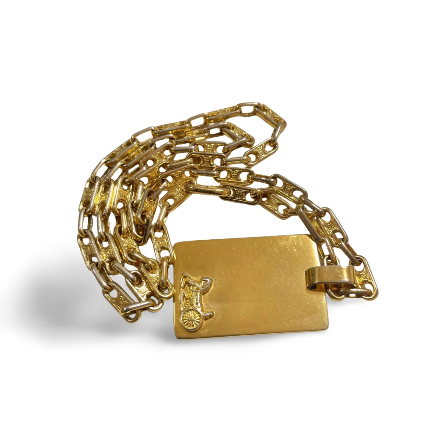 Vintage Celine golden necklace with triomphe chains and a carriage and logo featured rectangular plate top. 070218ys2