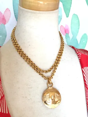 Vintage CHANEL golden chain necklace with round CC mark charm pendant top. Gorgeous jewelry. Best gift idea.