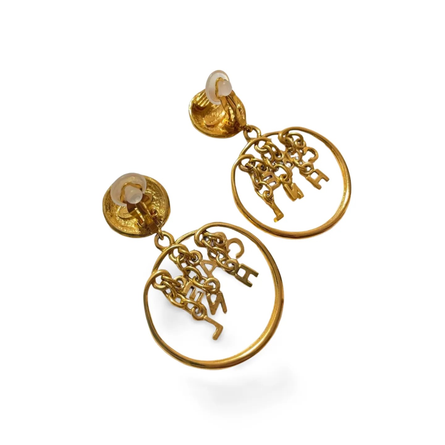 Vintage CHANEL golden round motif and logo letter dangling earrings. Rare and adorable jewelry for your collection. 060820ac3