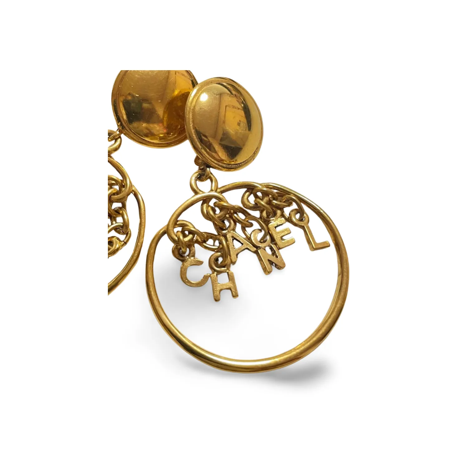 Vintage CHANEL golden round motif and logo letter dangling earrings. Rare and adorable jewelry for your collection. 060820ac3