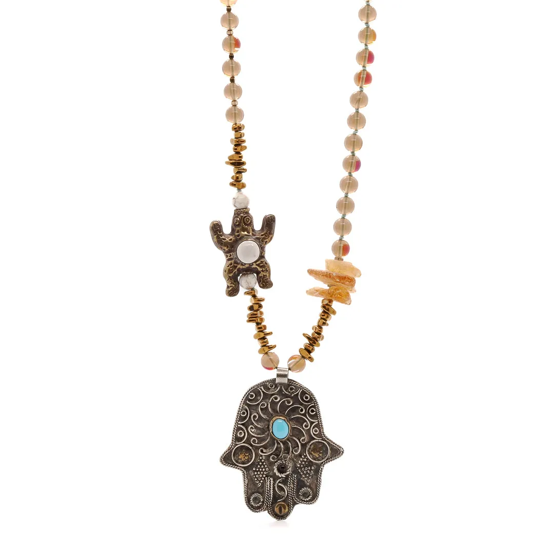 Vintage Style Hamsa & Turtle Pendant Beaded Unique Necklace