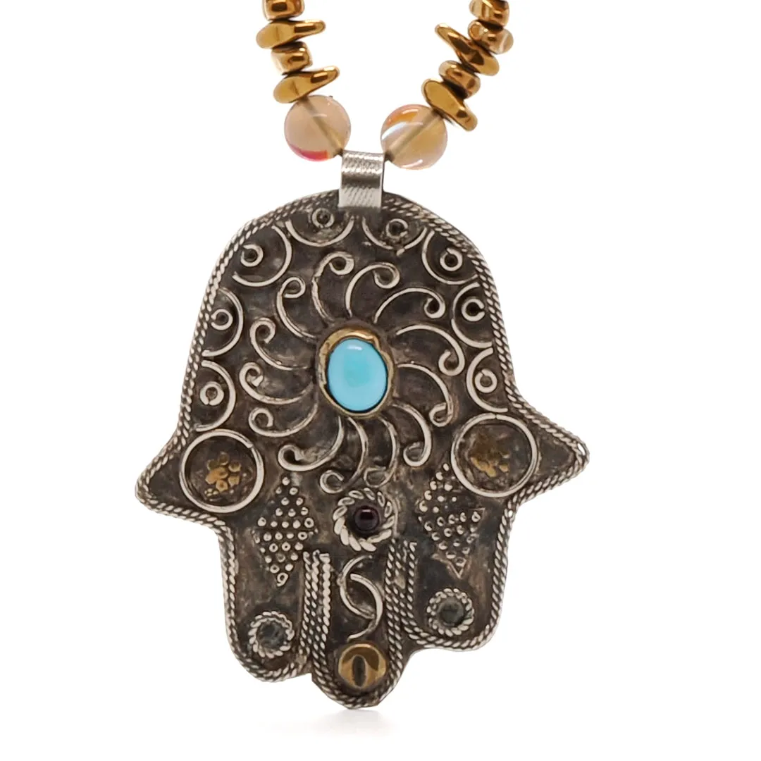Vintage Style Hamsa & Turtle Pendant Beaded Unique Necklace