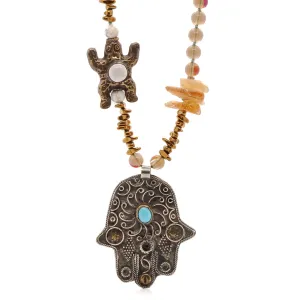 Vintage Style Hamsa & Turtle Pendant Beaded Unique Necklace