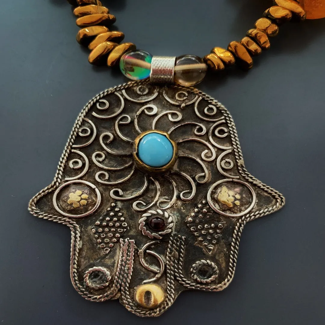Vintage Style Hamsa & Turtle Pendant Beaded Unique Necklace