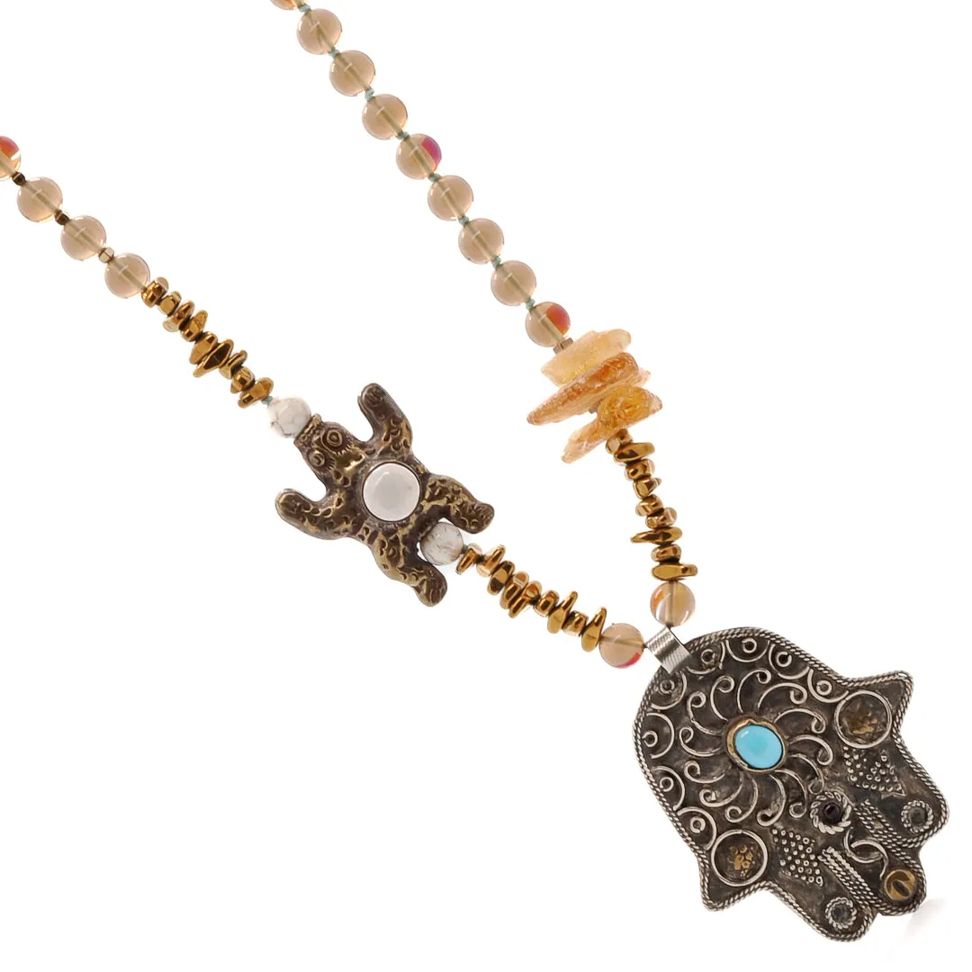 Vintage Style Hamsa & Turtle Pendant Beaded Unique Necklace