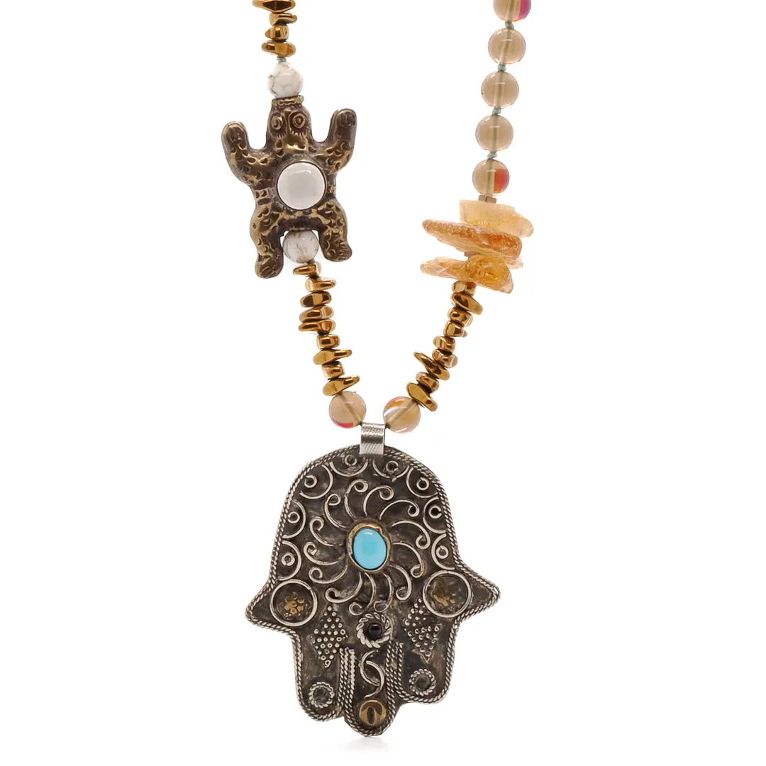 Vintage Style Hamsa & Turtle Pendant Beaded Unique Necklace