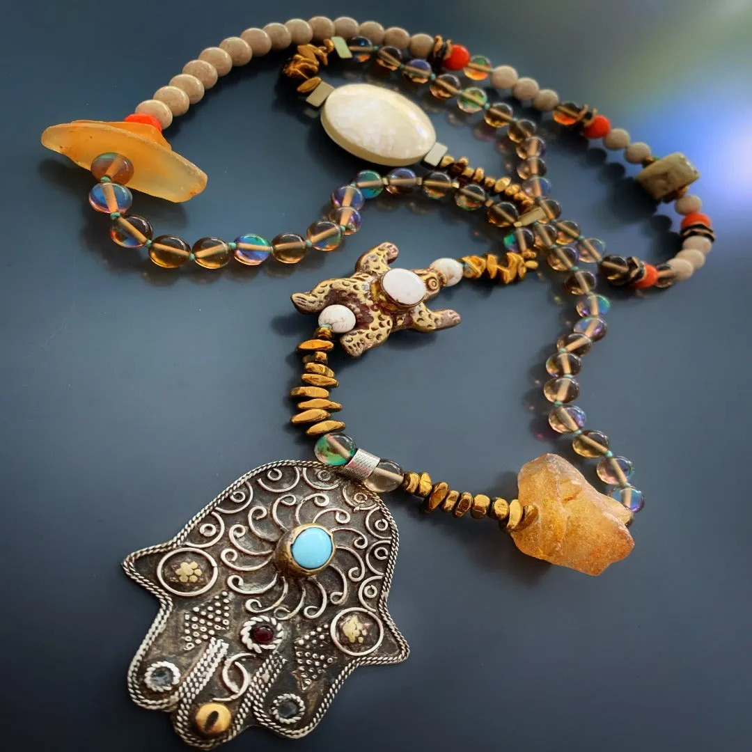 Vintage Style Hamsa & Turtle Pendant Beaded Unique Necklace