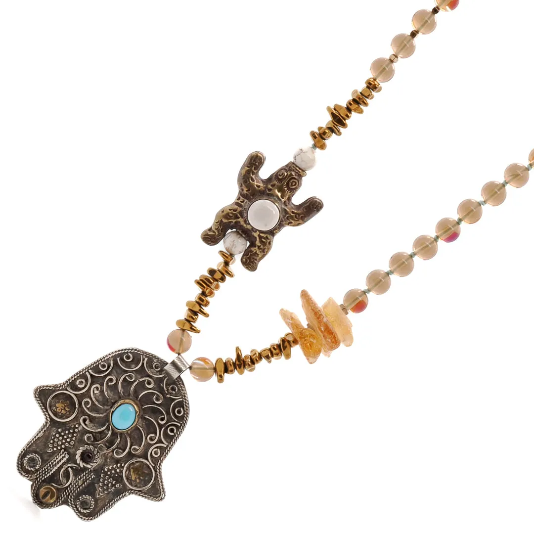 Vintage Style Hamsa & Turtle Pendant Beaded Unique Necklace