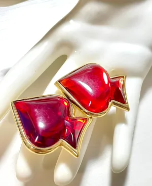 Vintage Yves Saint Laurent red gripoix stone spade earrings with golden frames. Gorgeous design YSL jewelry. 070128ac6