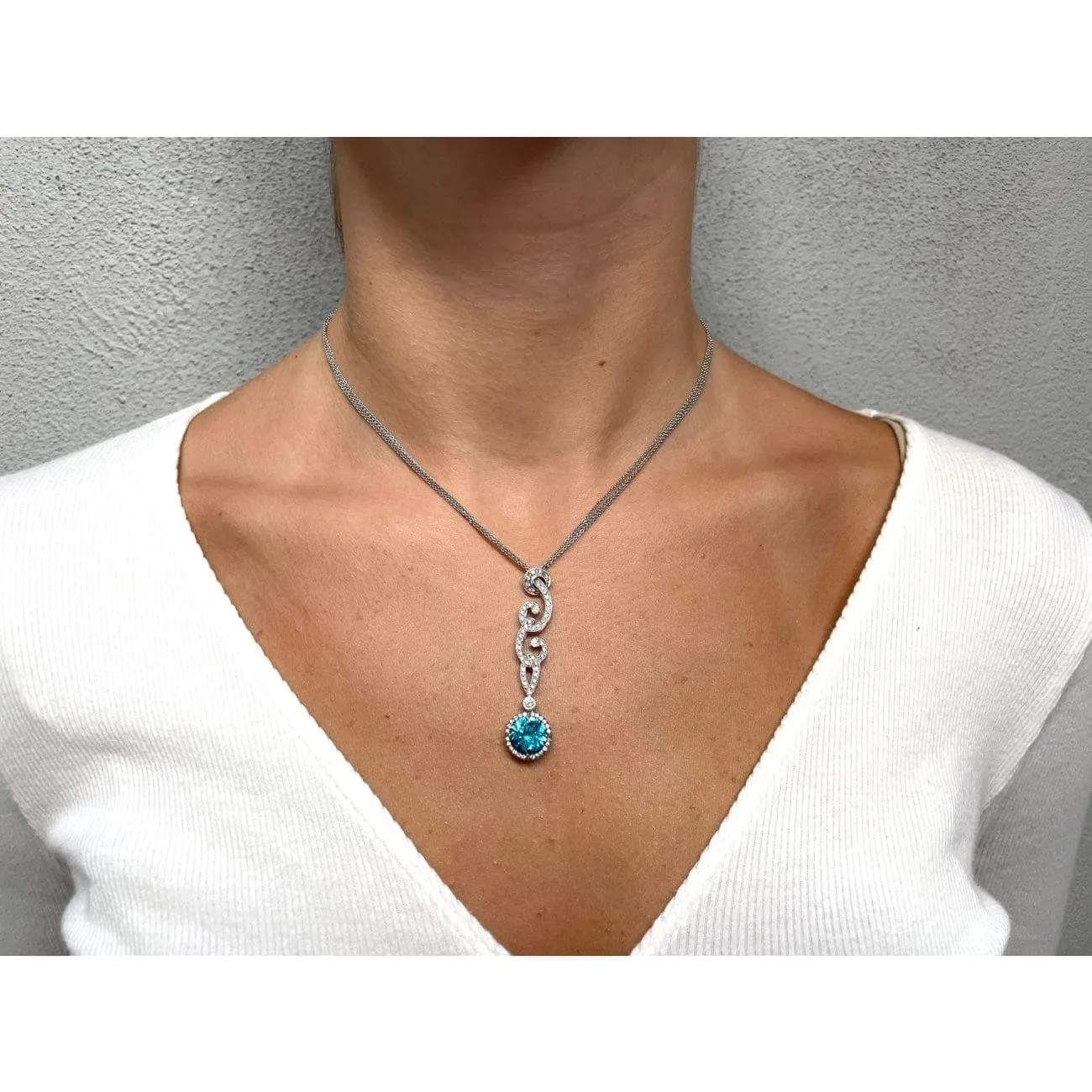 White Gold Diamond & Blue Zircon Pendant Necklace