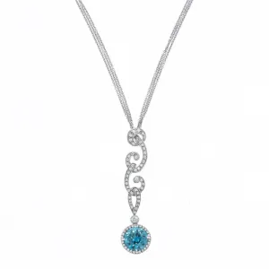 White Gold Diamond & Blue Zircon Pendant Necklace