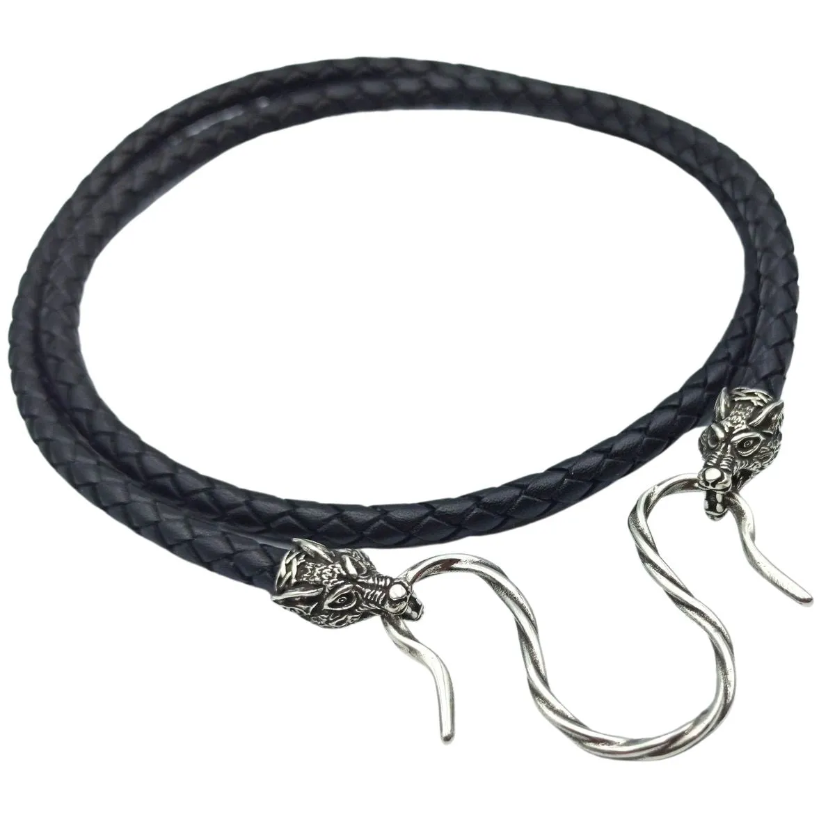 Wolf head leather necklace with Silver clasps