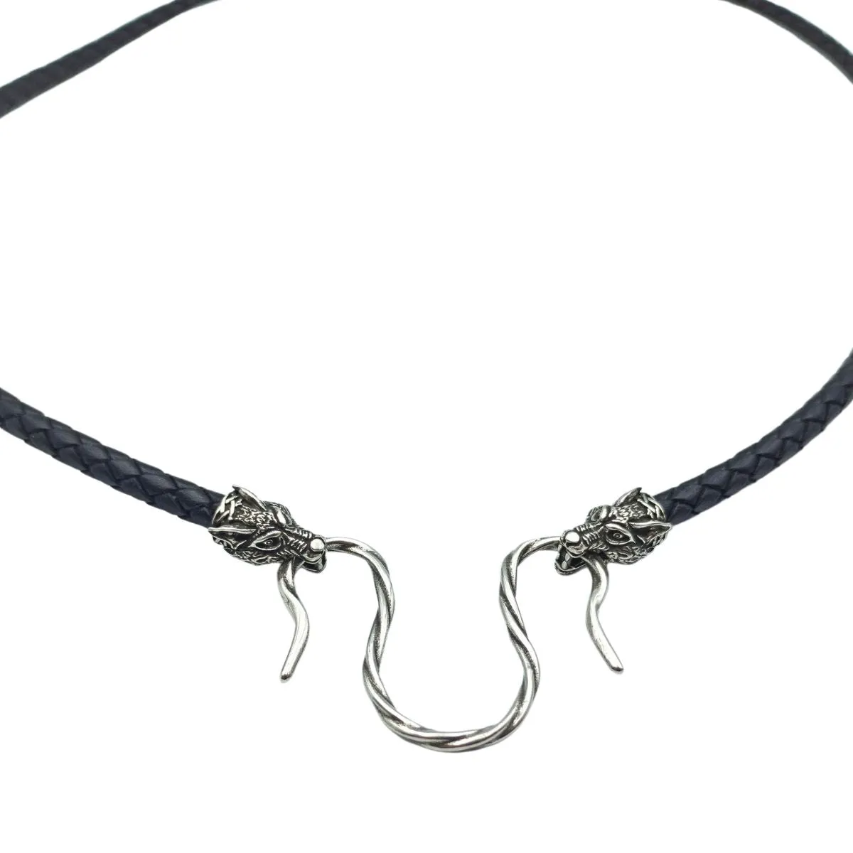 Wolf head leather necklace with Silver clasps