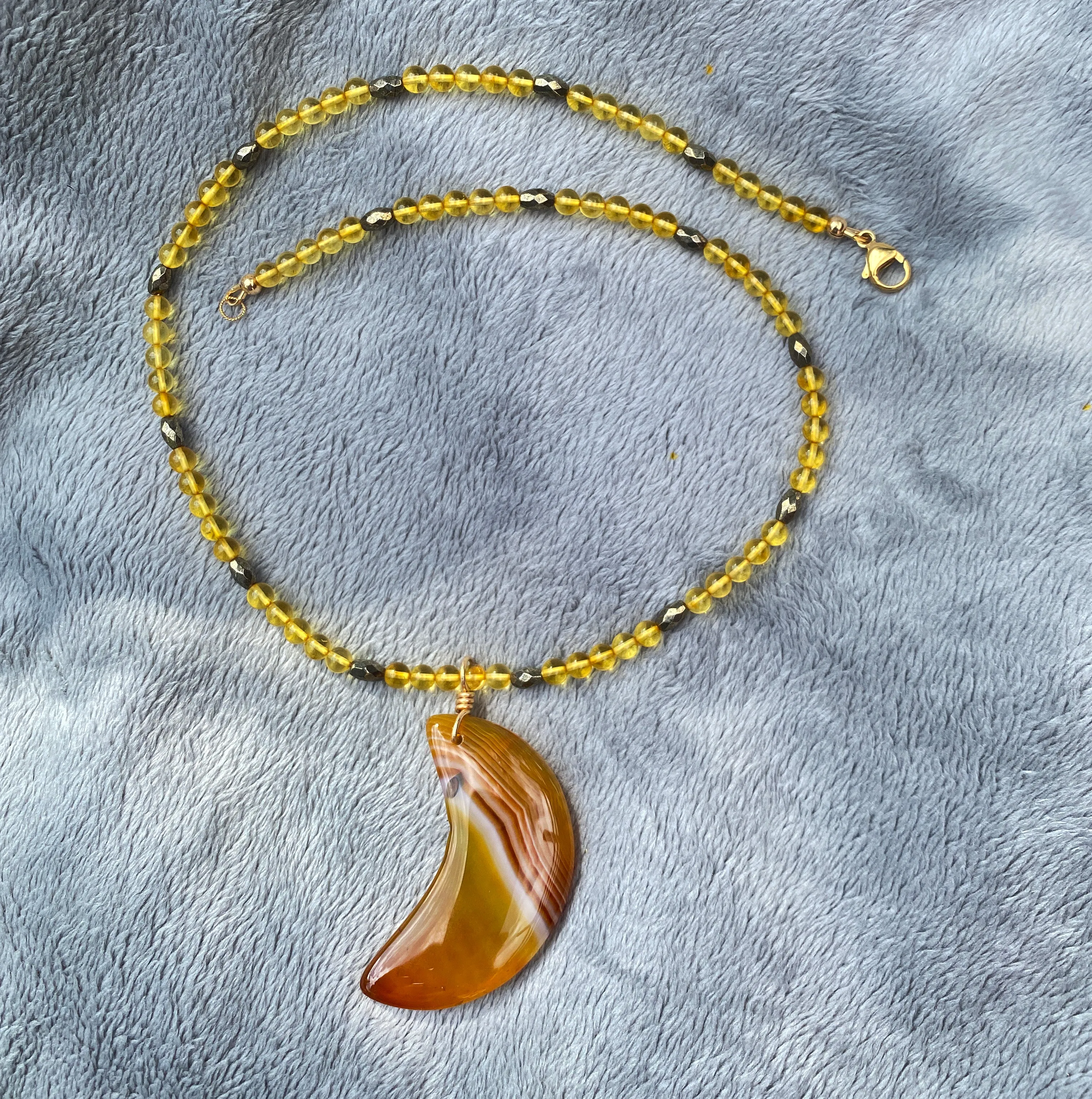 Yellow Agate Moon with Yellow Amber and Pyrite Gemstone Necklace